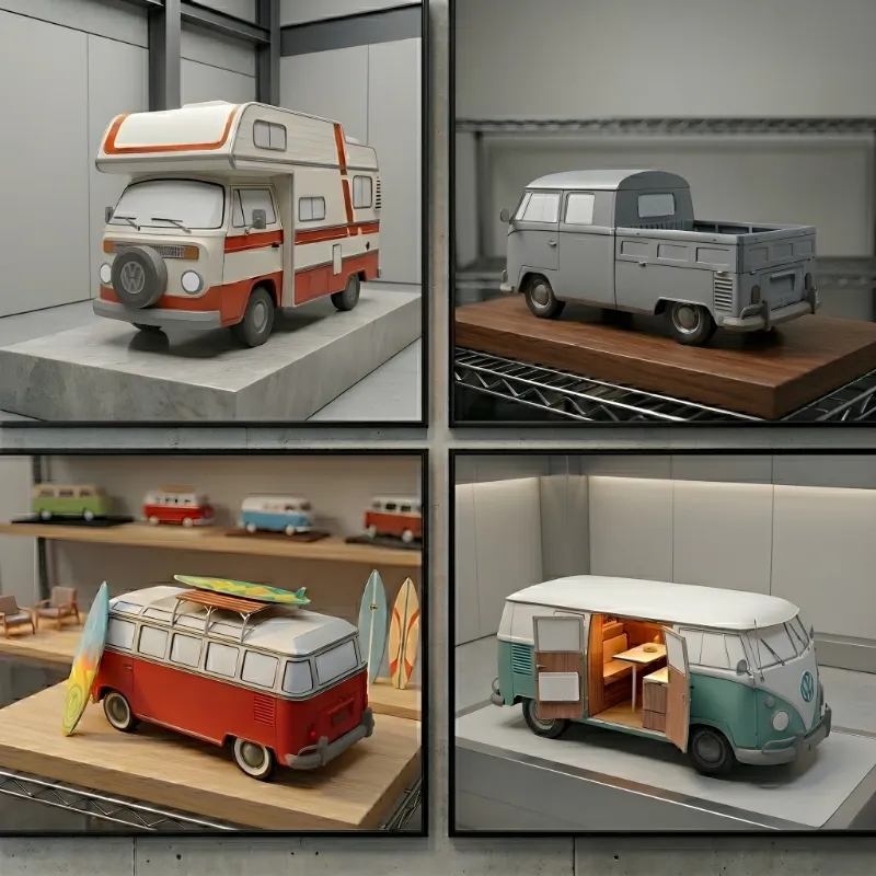 Quatro modelos de Kombis montadas em papel